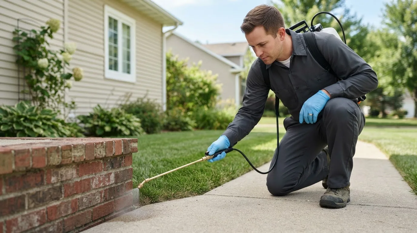 Pest control technician treating a home near Wyanet, IL