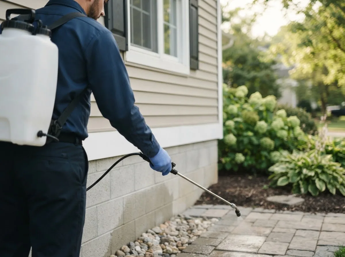 Pest control technician inspecting a home in Wyanet, IL
